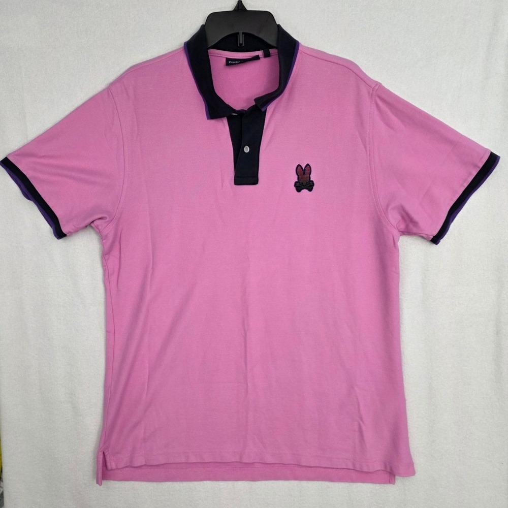 Psycho Bunny Pima Cotton Polo Shirt Size 7 XXL Pink Navy Logo Pique Short Sleeve